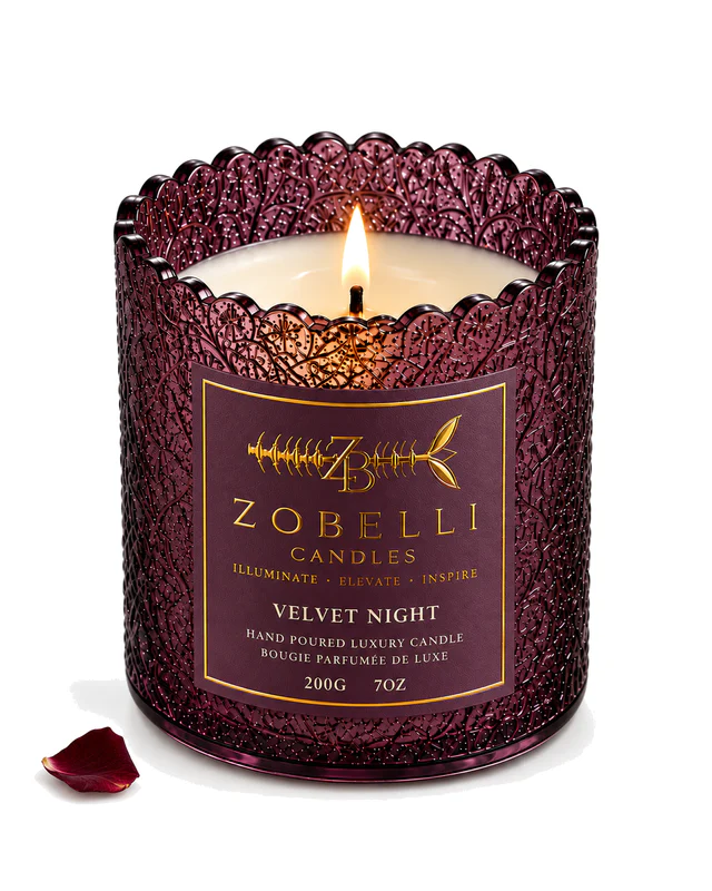 Velvet Night luxury Zobelli candle on a pure white studio background with its printed gold paper label attached